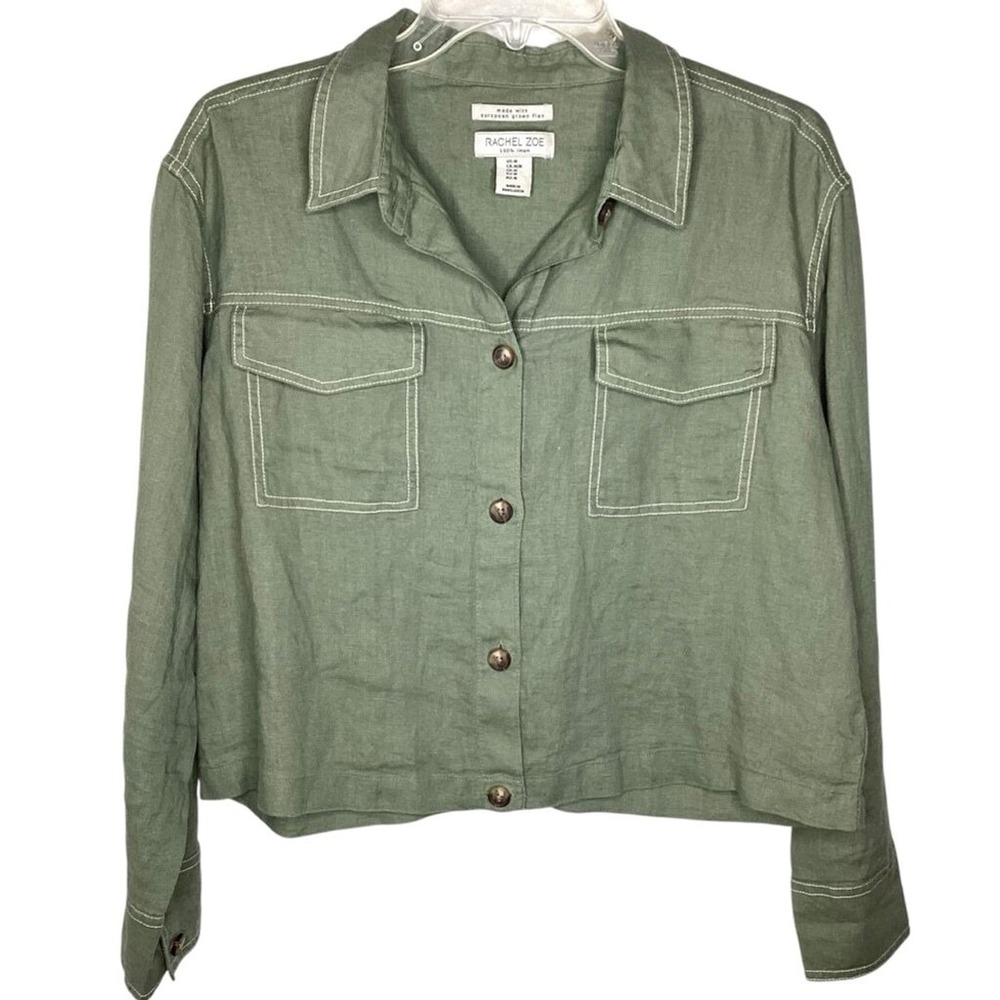 Rachel Zoe Top Shacket Women's Sz M Green Linen‎ Flax Lagenlook Pockets EUC